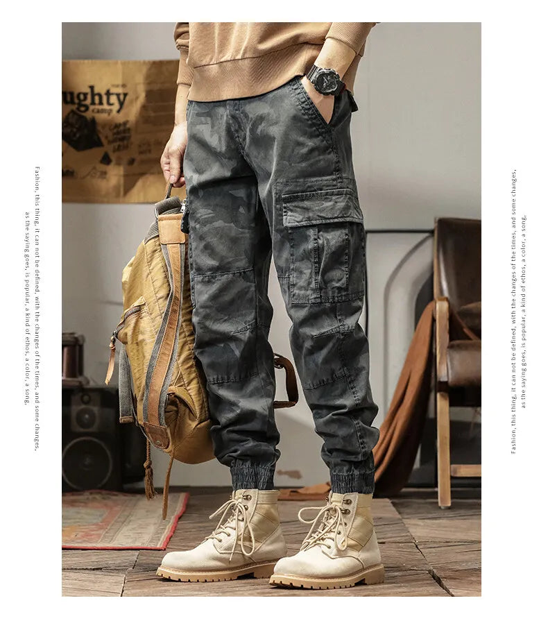 Length Men's Cargo Pant Cotton Stretch Casual Camouflage Trouser Male Camo Cuff Jogger Multi Zip Pocket Outfit Zipper Tied