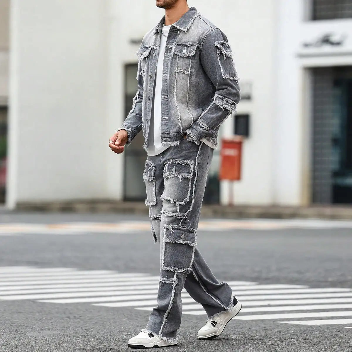 Men's Street Style Casual Distressed Raw-Hem Grey Denim Set, a Minimalist and Fashionable Two-Piece Ensemble.