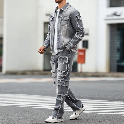 Men's Street Style Casual Distressed Raw-Hem Grey Denim Set, a Minimalist and Fashionable Two-Piece Ensemble.