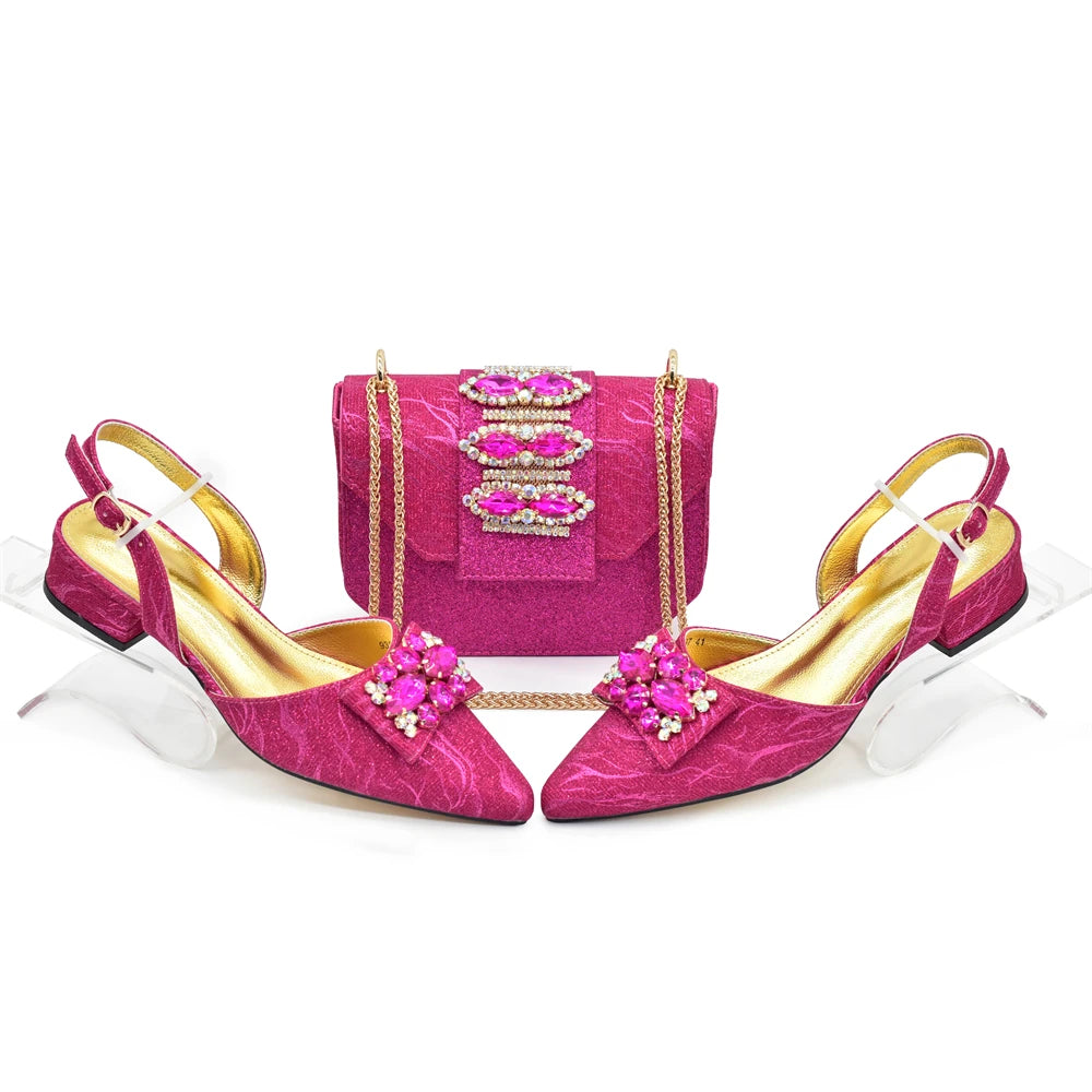 Ladies Shoe and Bag Set Latest Designers Low Heels Elegant Wedding Italian Shoes Bag Set Withn Rhinestone Green Shoe and Purse