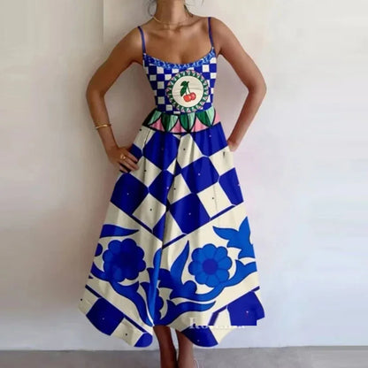 Fashion Women Print Suspenders Blue Ocean Fish Pattern Sexy Long Dress 2025 New Spring Summer Temperament Maxi Dresses