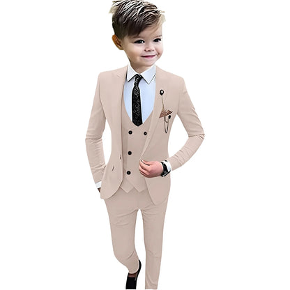 Beige Boy's Formal Suit Set, 4 Pieces Regular Fit Kids Smart Prom Suits, Jacket Vest Pants Tie Classy Solid Tuxedo For Wedding