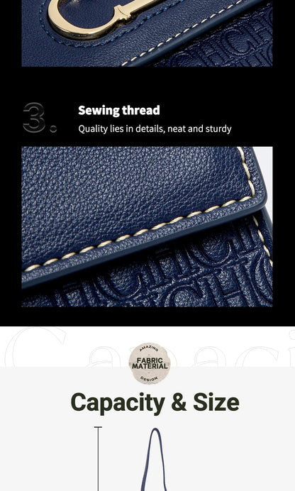 Premium Leather Handbag Monogram Embossing Metallic Clasp Portable Handle Structured Silhouette Ideal Office Evening Events