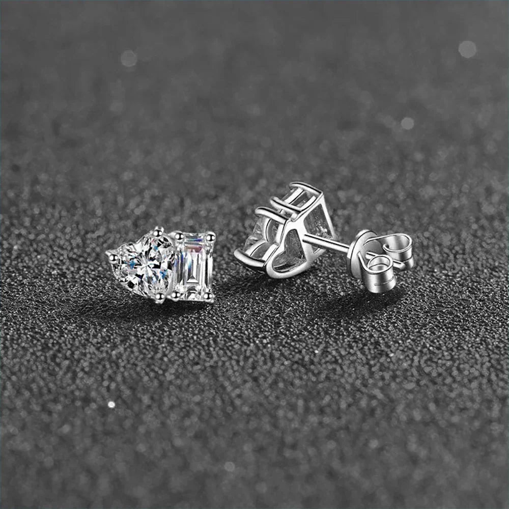 2-stone Heart Emerald Cut Moissanite Stud Earrings D Color Diamond with Certificates 925 Sterling Silver Ear Studs for Women