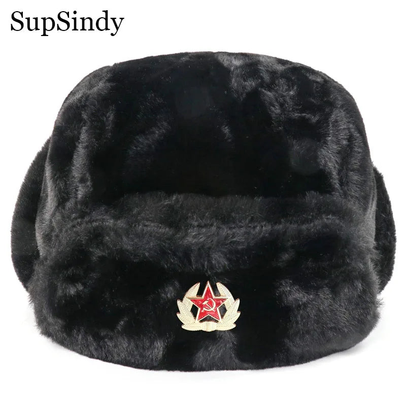 Soviet Badge Ushanka Men&Women Bomber Hats CCCP Army Pilot Trapper Trooper Hat Winter Faux Rabbit Fur Earflap Snow Caps