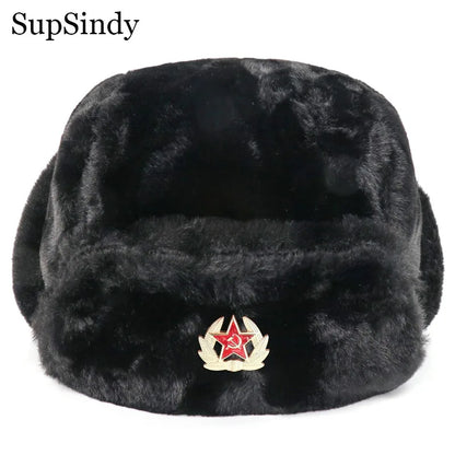 Soviet Badge Ushanka Men&Women Bomber Hats CCCP Army Pilot Trapper Trooper Hat Winter Faux Rabbit Fur Earflap Snow Caps