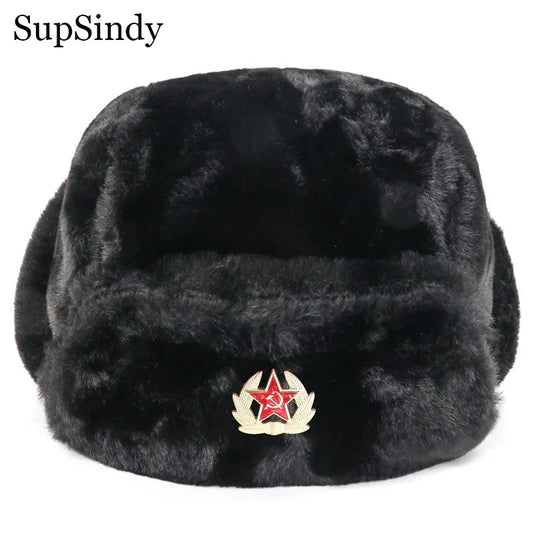 Soviet Badge Ushanka Men&Women Bomber Hats CCCP Army Pilot Trapper Trooper Hat Winter Faux Rabbit Fur Earflap Snow Caps
