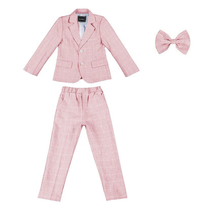 Boys Suit Wedding Ring Bearer Outfit Kids Suit Set Plaid Striped Blazer Suit Pants Bow Tie Pink Suit 2-14Years