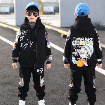 Fleece-Lined Coat Set Hoodies Printed Cartoon Boy Children's Clothing Men's Sets Autumn Winter Clothes Elementary Student Suit