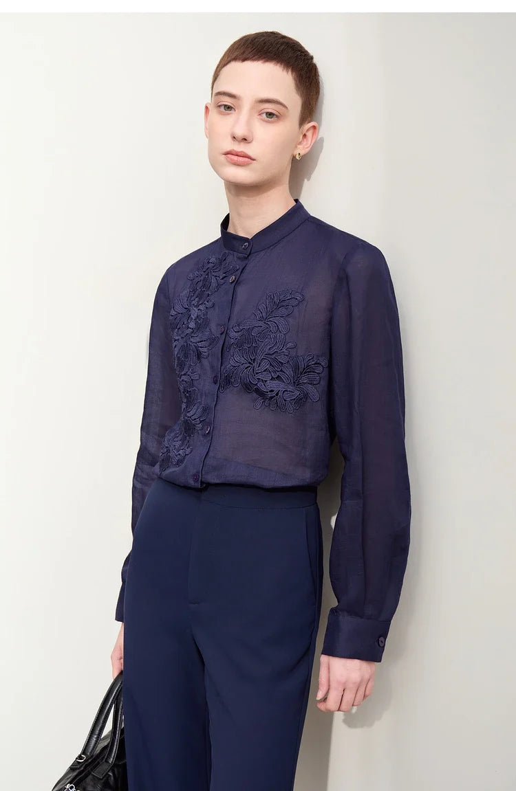 Minimalism Women Shirts 2024 Autumn New Chinese Stand Collar Lace Decal Shirt Fashion Female Shell Button Blouses 12443001