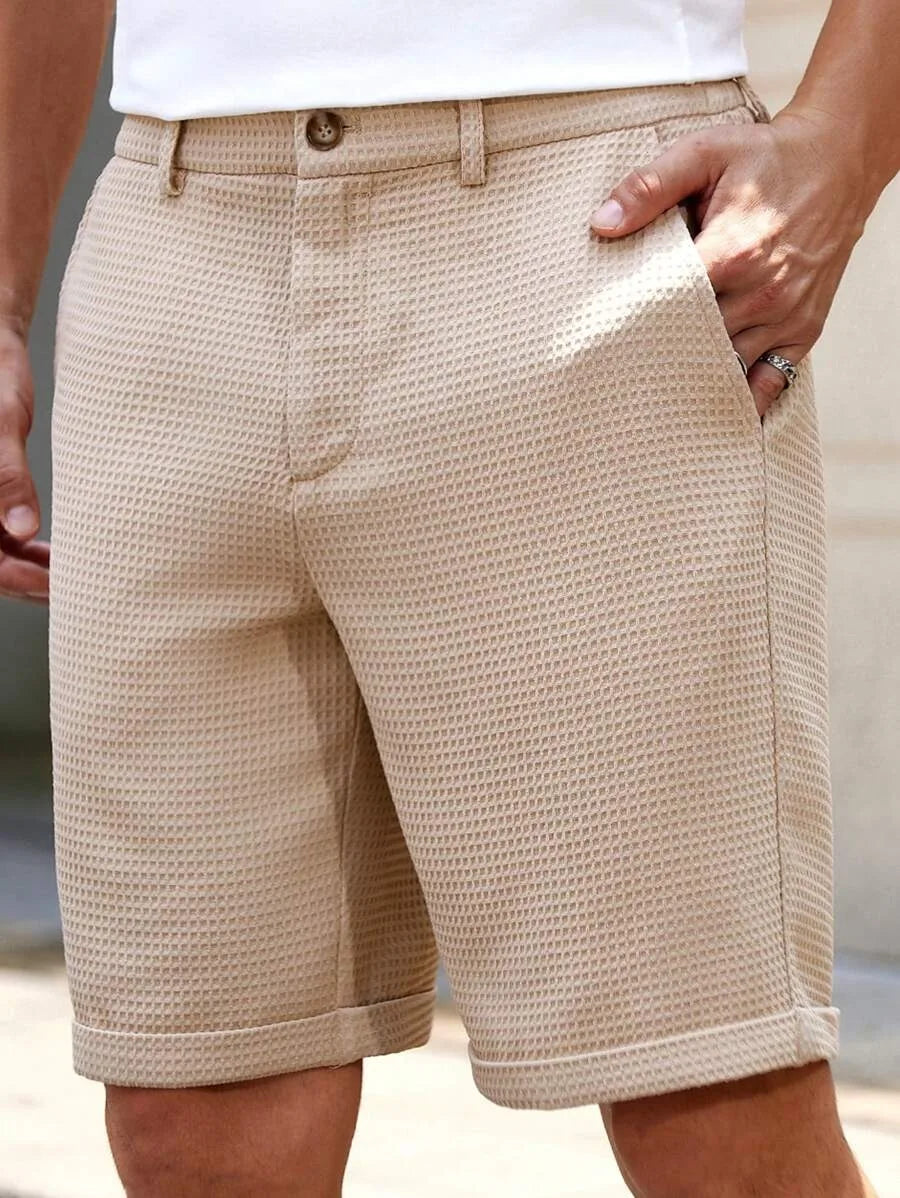 Men's Waffle Texture Slim Fit Shorts Solid Color Button Waist Summer Casual Outdoor Multi-Color Trousers