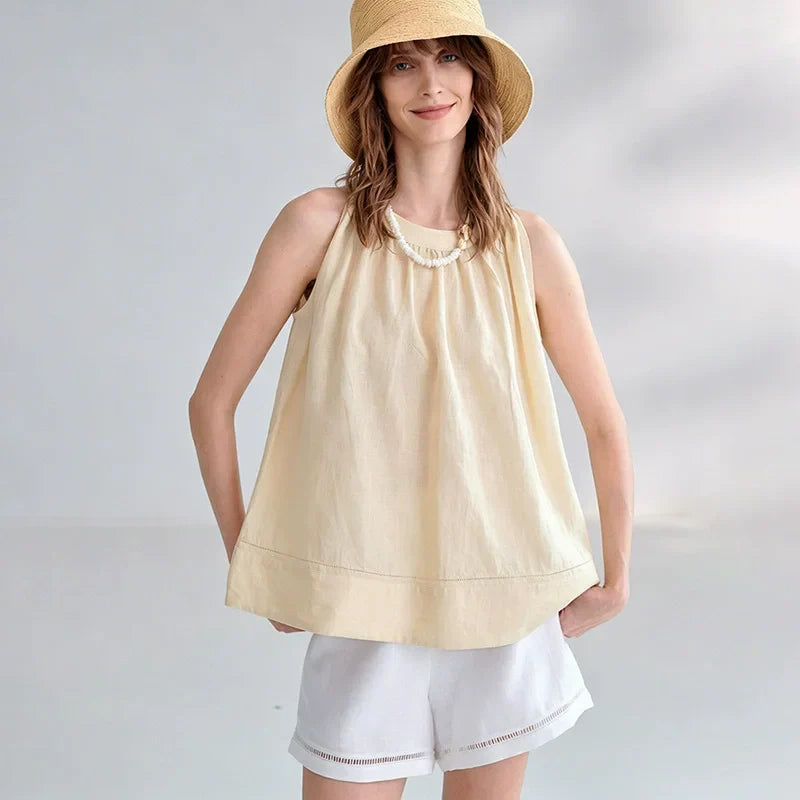 100% Linen Halter Tops Women 2026 Summer New Round Neck Sleeveless Tank Top French Office Ladies Loose Camisoles