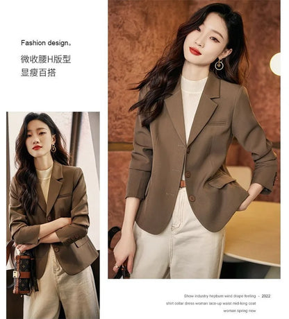 Coffee Small Blazer Jacket Spring Autumn Women Short Suit Coat Korean Casual Long Sleeve Single Breasted Blazers Solid Short Top