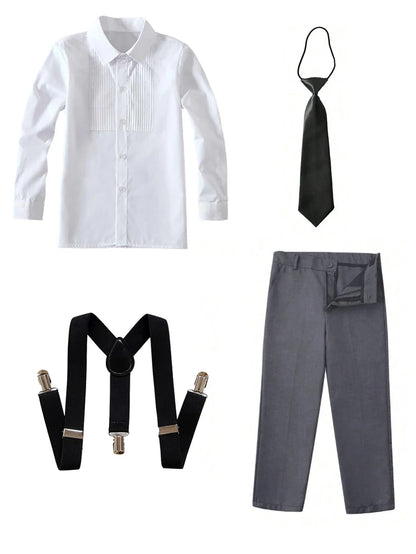 4pcs/set Boys' Suit Set With  Shirt , Pants  Tie And Straps School Uniforms