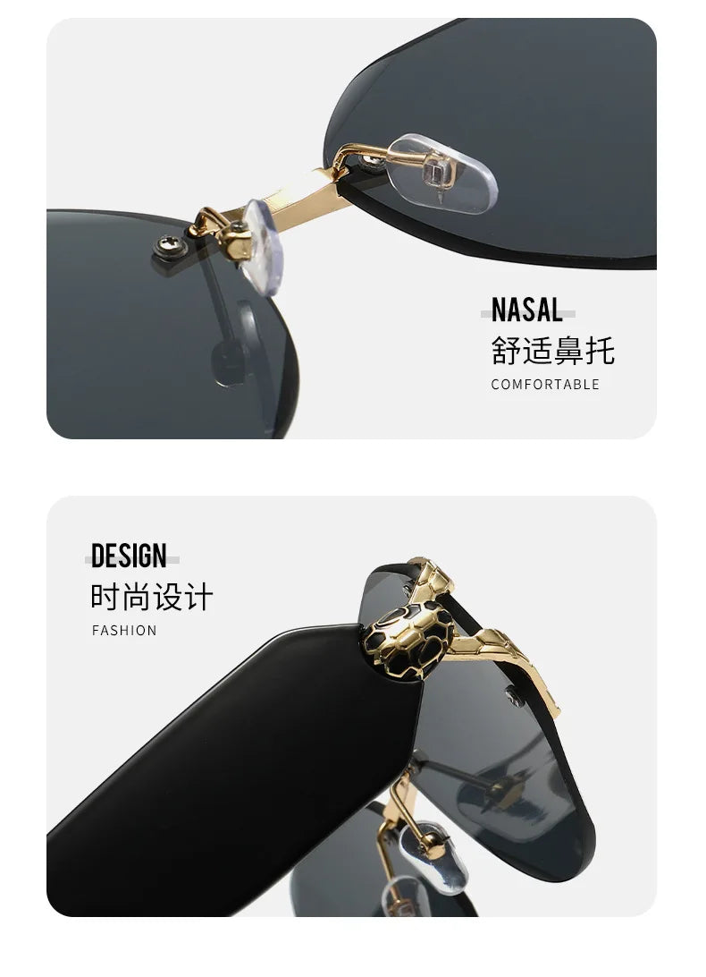 2026 Snake Head Decor Rimless Sunglasses Women's UV400 Protection Shades Wide Temple Gradient Sun Glasses for Street & Driving