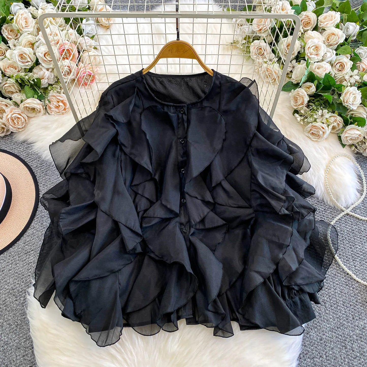Autumn Blouse for Women Fashion O-neck Long Puff Sleeve Flounced Edge Shirts French Chic Versatile Female Tops Dropshipping