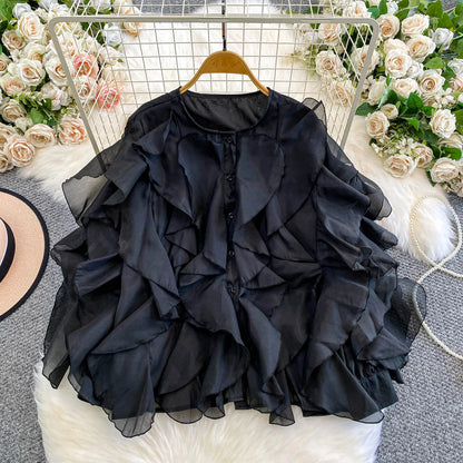Autumn Blouse for Women Fashion O-neck Long Puff Sleeve Flounced Edge Shirts French Chic Versatile Female Tops Dropshipping