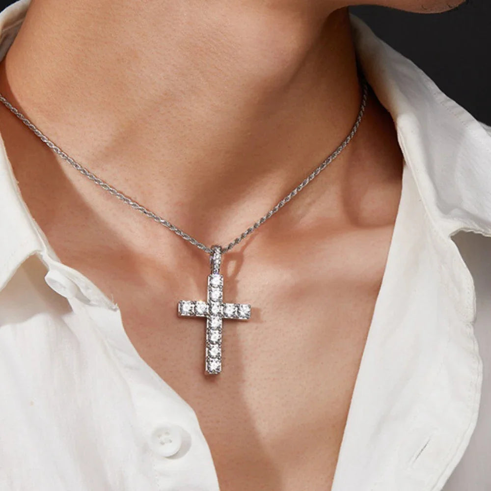 5.5ct Moissanite Cross Necklace Solid s925 Sterling Silver 1.6mm Rope Chain Necklaces for Women Man Christian Jewelry