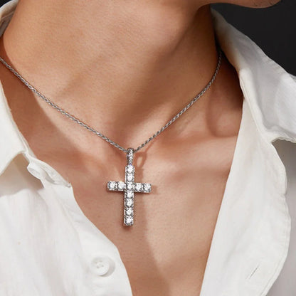5.5ct Moissanite Cross Necklace Solid s925 Sterling Silver 1.6mm Rope Chain Necklaces for Women Man Christian Jewelry