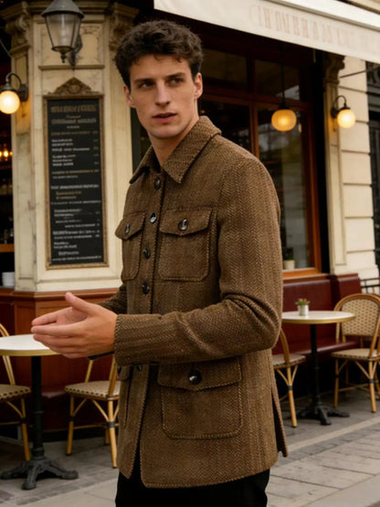 Men's Herringbone Wool Blend Blazer Jacket Notch Collar Utility Multi-Pocket Casual Overcoat For Spring Autumn