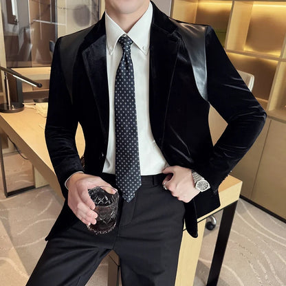 Autumn Winter New Men Mercerized Velvet Slim Fit Suit Coats Fashion Leather Splicing Casual Business Formal Party Tailcoat 4XL-M