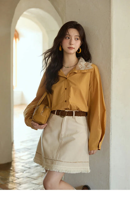 Autumn Solid Cotton Shirt Autumn V-neck Double-layer Lace Retro Design Shirts Single Breasted Tops Office Lady MXE41C2366
