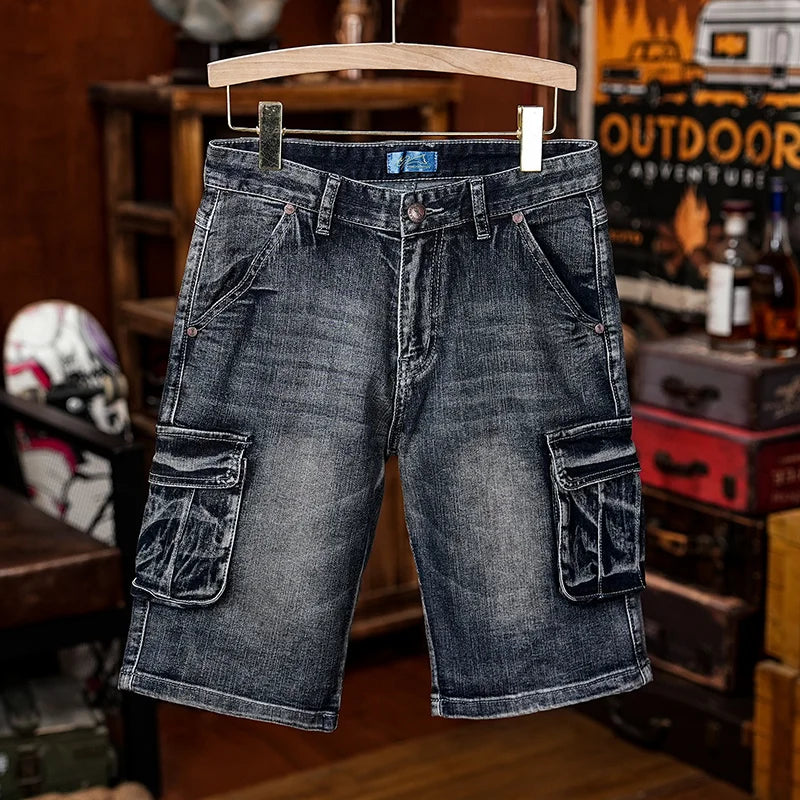 American Style Workwear Denim Shorts Summer Elastic Outdoor Trendy Brand Multi-pocket Loose Shorts Y2k Street Knee-high Pants