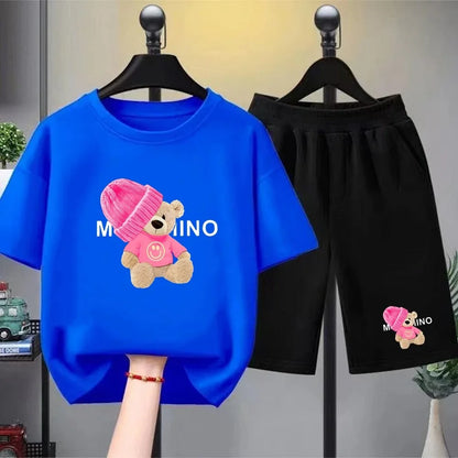 Children's Fashion Summer Clothes Set Loose Fit Cotton Tee + Elastic Waist Shorts for Boys Girls Outdoor Wear