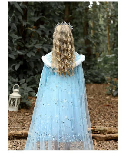Girls' Spring 2026 New Velvet Elsa Frozen Princess Dress Kids Blue Cape 2 Piece Set Warm Dresses For Girl Party 3-9 Years Old ﻿