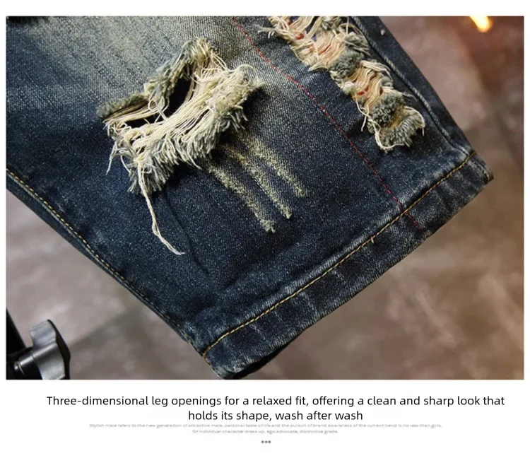 Men's Denim Shorts Retro Distressed Style Trendy Five Quarter Pants Spring and Summer Youth Light Blue