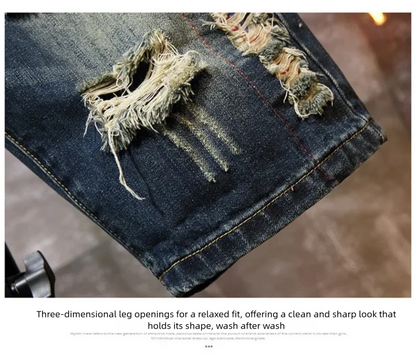 Men's Denim Shorts Retro Distressed Style Trendy Five Quarter Pants Spring and Summer Youth Light Blue