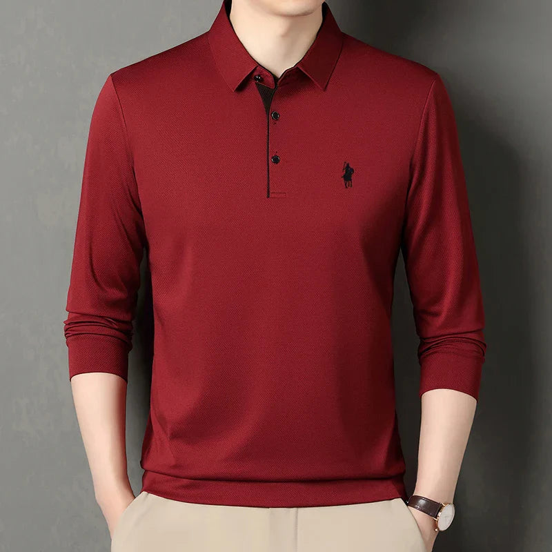 2025 Latest Autumn New Men's Long Sleeve Polo Shirt Middle Aged Business Comfortable Solid Color Men's Collar T-shirt