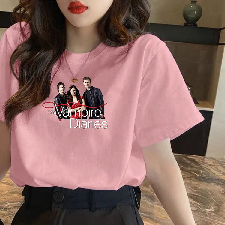 Vampire Diaries Cotton Women Girls Casual Harajuku T-shirt O-neck Short Sleeve Streetwear Ladies Graphic Summer Female T-shirt