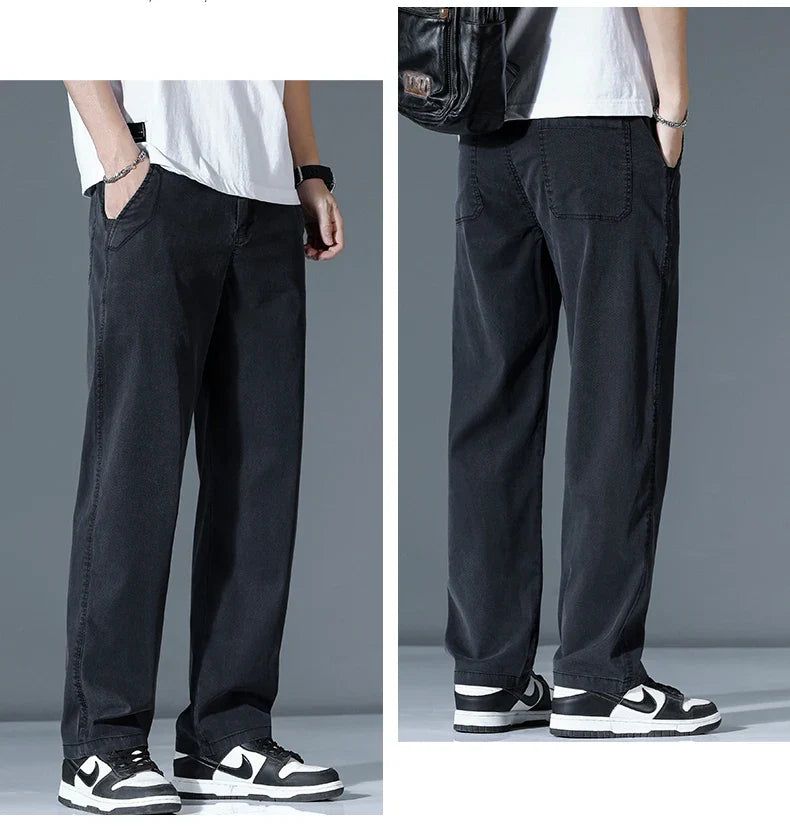 Ultra-thin Lyocell Fashion Loose Casual Pants Men Spring Summer Korean Straight Stretch Brand Trousers Male Clothing Wide Pants