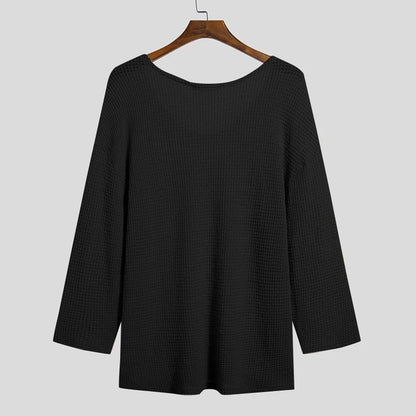 Autumn Men's Clothing Luxury Knit T Shirt Solid Color V Neck Long Sleeve Leisure Streetwear Popular Hollow Out Loose Tees S-3XL