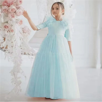 Light Pink Flower Girl Dresses Tulle With Bow Half Sleeve For Wedding Birthday Party Banquet Princess Gowns