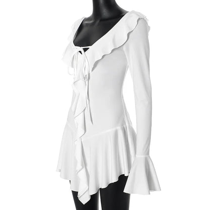 Ruffled Lace-Up White Mini Dress Women's V-Neck Patchwork Long Sleeve Sexy Slim Dress Bandage Elegant Female Summer Dress