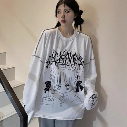 Harajuku Kawaii T-Shirt Women Sweet Japanese Gothic Subculture Loose Letter School Student Tees Long Sleeve Top Spring Outwear