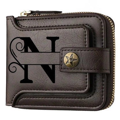Men's Custom Wallet - Personalized Artificial Leather Men's Engraved Name and Letter Wallet, Father's Day Dad Gift, Brown