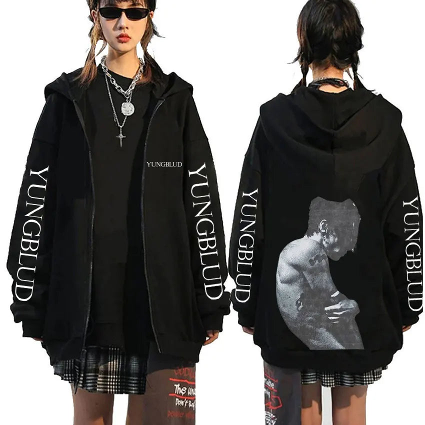 Singer Yungblud Black Hearts Club Zipper Hoodie Male Fleece Cotton Zip Up Hoodies Men Women Rock Vintage Oversized Zip Up Jacket