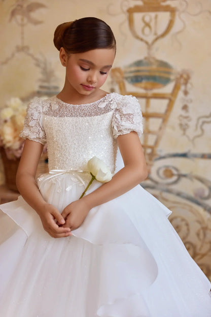 White Lace Tulle Flower Girl's Dresses for Wedding Bow Appliqued Ruffles First Communion Dress Baby Girl's Birthday Party Gowns