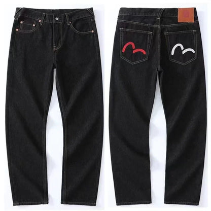Japanese Handmade Embroidered Jeans Men's Pure Cotton Straight Tube Hip-Hop Popular Slim Red Ears Show Thin Trousers Devil