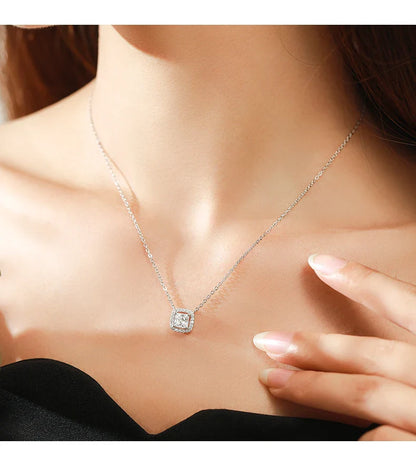 Real 925 Sterling Silver Exquisite Square Shiny Zirconia Pendant Clear CZ Chain Necklace for Women Wedding Fine Jewelry