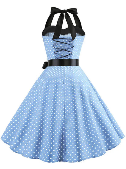 Women Polka Dot Print Summer Dress Sexy Retro White Halter Vintage Dress Robe Femme Pin Up Rockabilly Party Dress