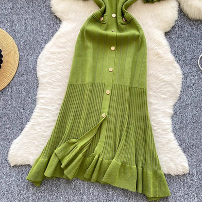 Brand Fashion Vintage Knitted Long Dress Spring Summer Women Elegant V-neck Ruffled Bodycon Sweater Dress Party Vestido