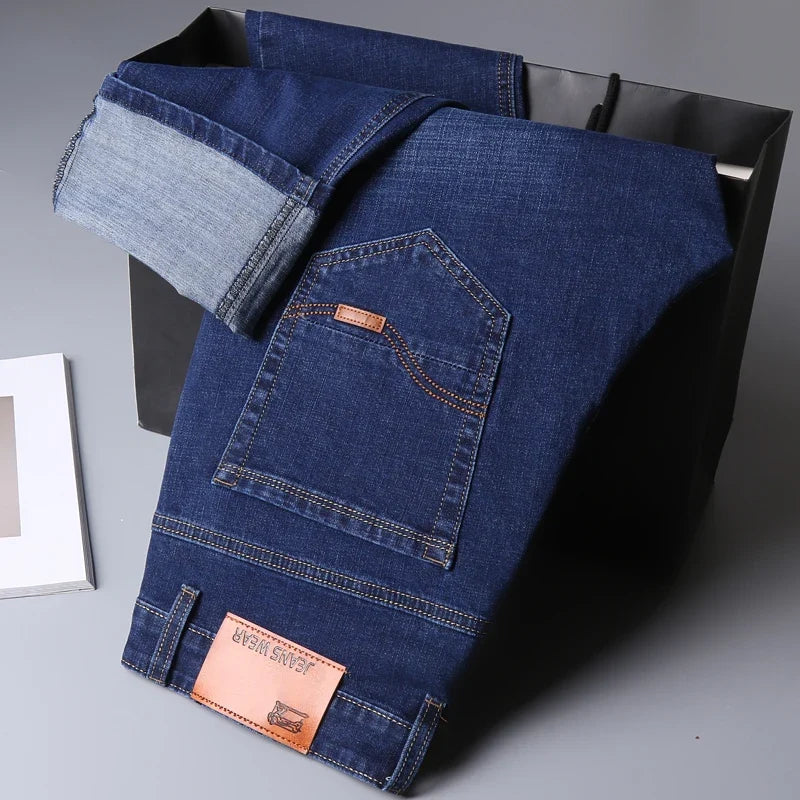 New Men's Fashion  Business Casual Stretch Slim Jeans Classic Trousers Denim Pants Male Black Blue