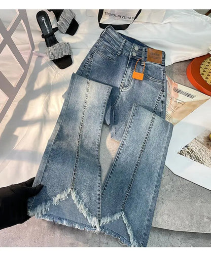 Women Autumn Y2K Slim Flared Denim Trouser Raw Edge Vintage Sexy Minimalist Pant Grunge High Waist Solid High Street Retro Jeans