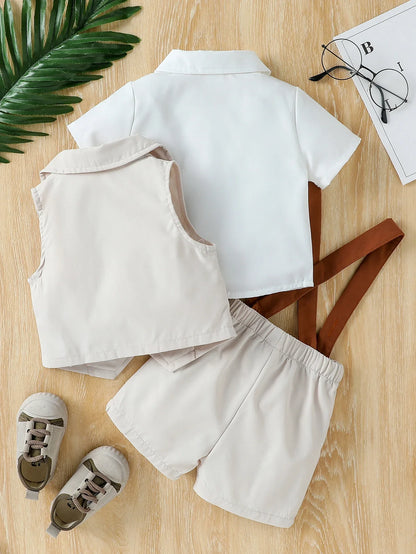 Children’s 2025 Summer New Boys’ Solid Color Vest, Bowknot Shirt, and Solid Color Overalls Three-Piece Set