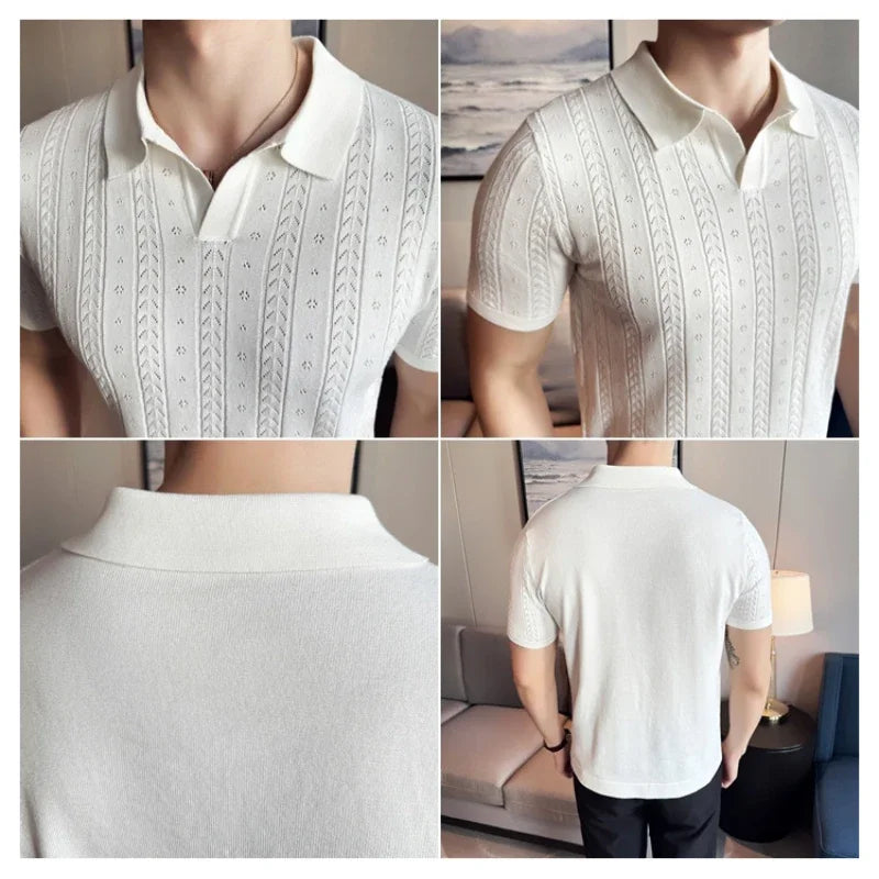 Men's Polo Shirt, Striped Jacquard Knit Short Sleeve, T-shirt V-neck Solid Color Elastic Top 2024. M-3XL,Summer Purple Thin