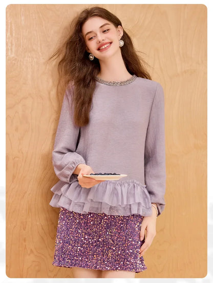 Lace Women's Blouses 2025 Autumn New Sweet Long Sleeve Shirt Top Round Neck Pullover Patchwork Pleated Elegant Shirt